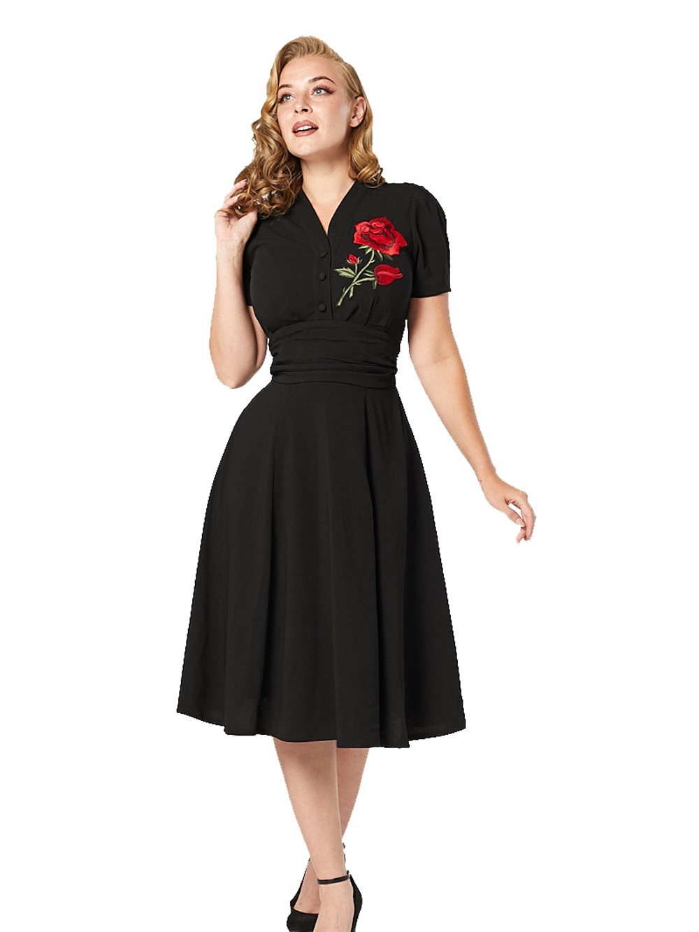 Black Midi Dress with Red Embroidered Rose